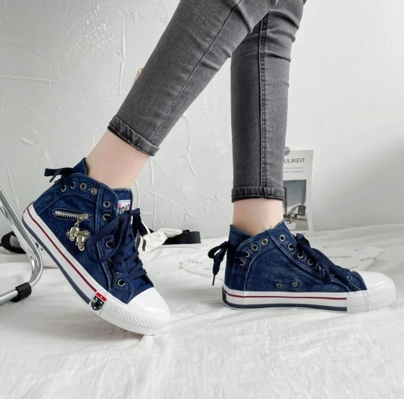Women-New-Denim-Flat-heel-Round-Toe-Lace-up-Skull-Metal-Decoration-High-top-Comfortable-Fashion-4