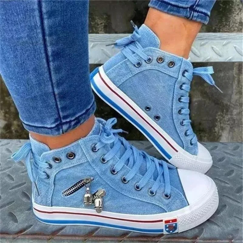 Women-New-Denim-Flat-heel-Round-Toe-Lace-up-Skull-Metal-Decoration-High-top-Comfortable-Fashion